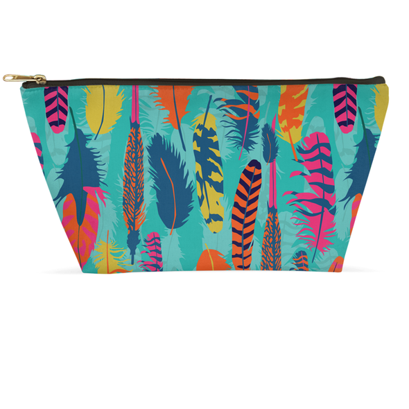 feathers teal makeup bag