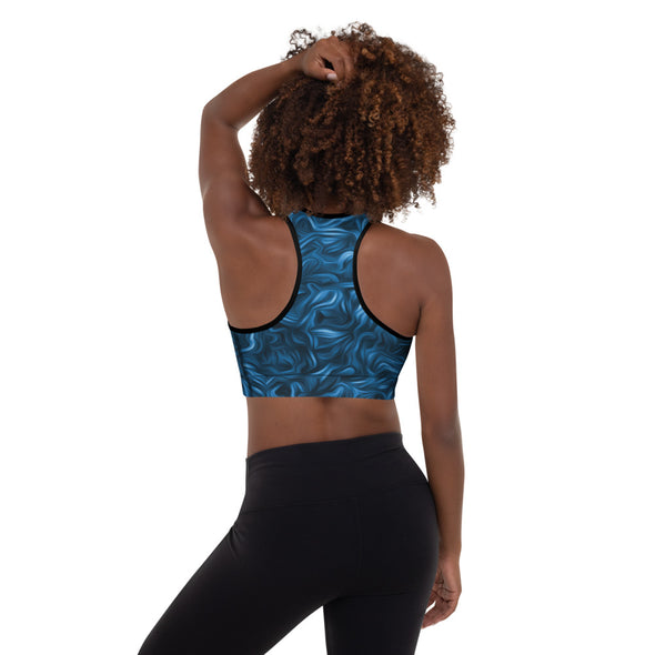 blue abstract padded sports bra