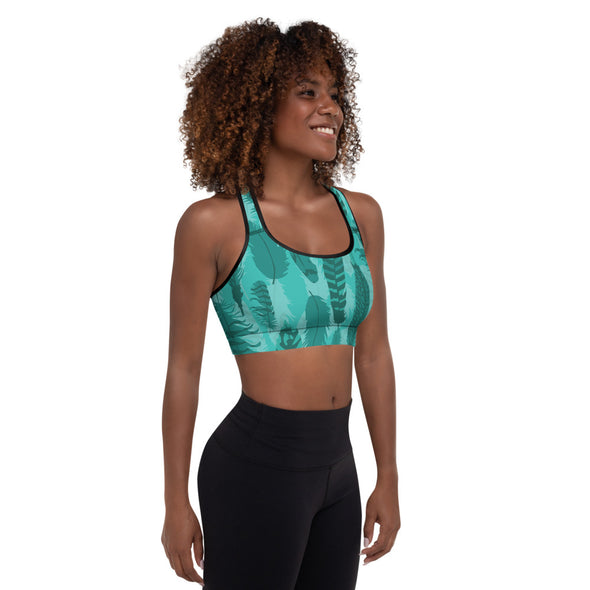 teal feathers padded sports bra