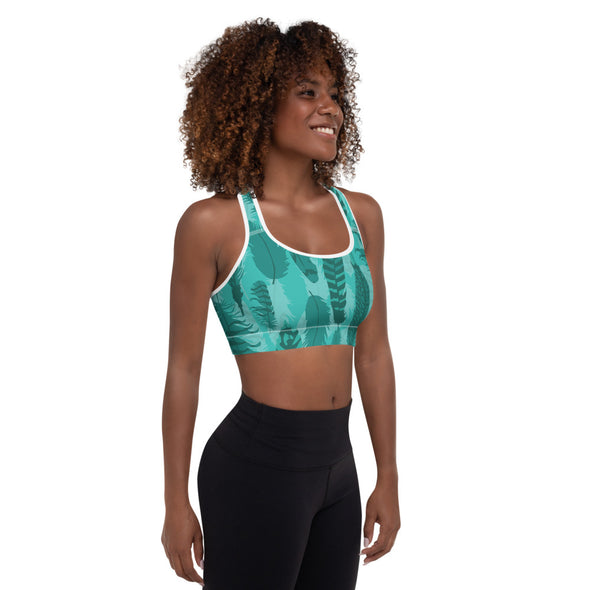 teal feathers padded sports bra