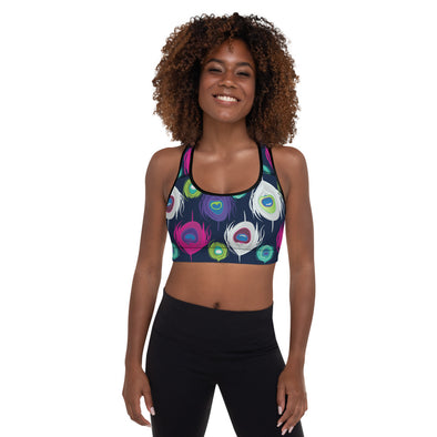 peacock print padded sports bra