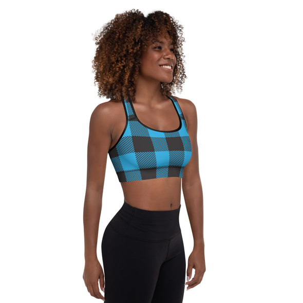 buffalo plaid blue padded sports bra