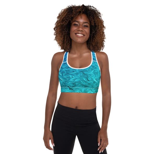 blue abstract padded sports bra