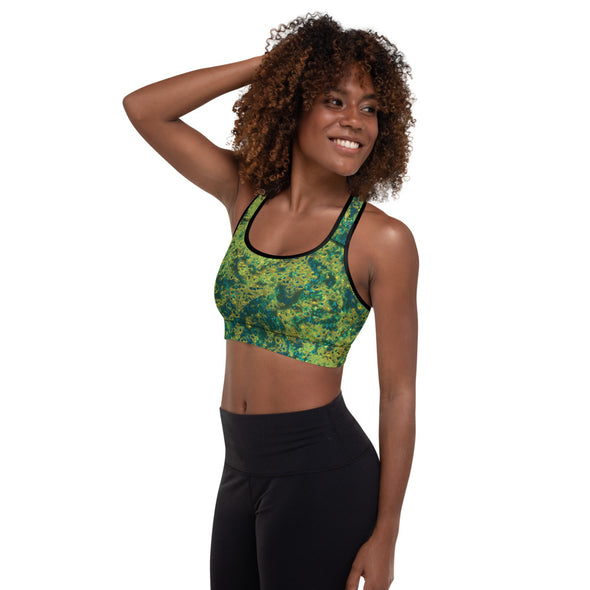 green abstract padded sports bra