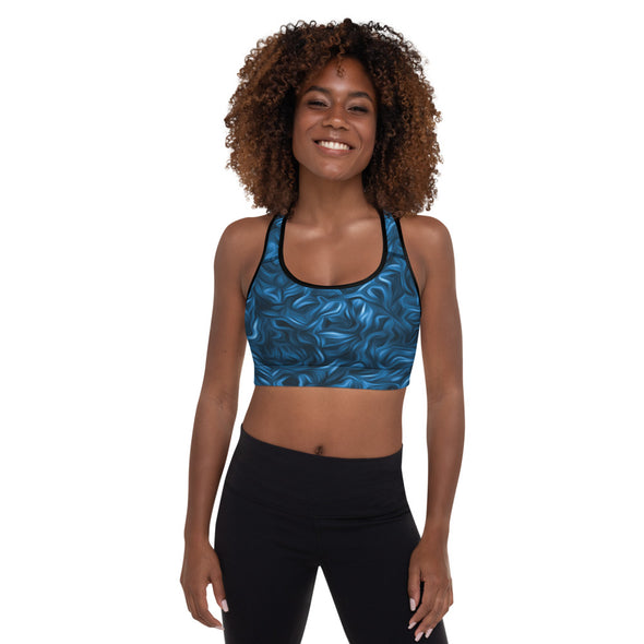 blue abstract padded sports bra