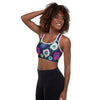 peacock print padded sports bra