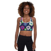 peacock print padded sports bra