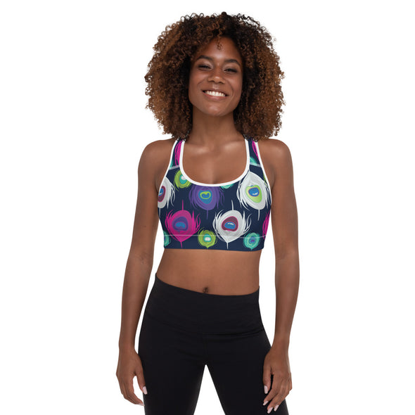 peacock print padded sports bra