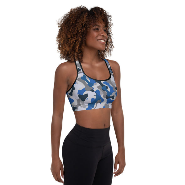 blue camo bones padded sports bra